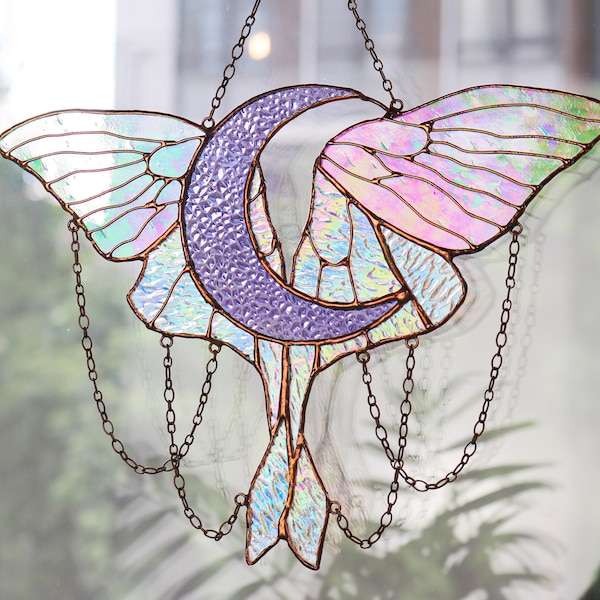 Butterfly stained glass Suncatcher crescent moon with butterfly Wall decor moon Home decor panel Moon phase wall hanging