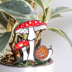 Stained glass mushrooms Decor in a flowerpot or vase Amanita composition with a snail Cottagecore glass decor Fairy garden mushrooms