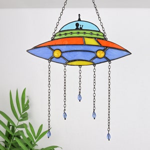 Dreamcatcher UFO Stained glass decor Suncatcher UFO Window hanging Wall decor living room art Handmade gift for the home Space funny decor