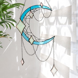 Dreamcatcher moon with stars Moon decor Stained glass moon Wall decor for home Clear glass hand made gift Iridized glass