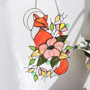 Suncatcher fox Moon flowers Stained glass Wall decor Gifts for friends Stained glass art Yard art Sun catcher Outdoor decor Gifts for wife