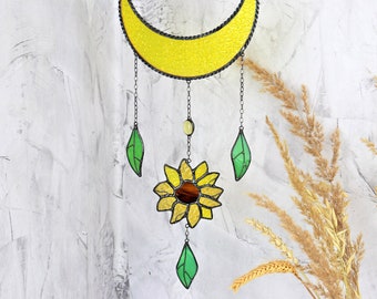 Sonnenblume mit Blätter und Mond Suncatcher Glasmalerei Dreamcatcher Geschenke für Pflanzenliebhaber Muttertagsgeschenk Handgemachtes Geschenk für zu Hause