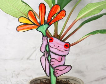 Plant stake frog Decor for flowerpot Stained glass frog Decor for flowerpots Decorative plant stake Mothers day gift idea