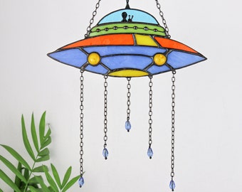 Dreamcatcher UFO Stained glass decor Suncatcher UFO Window hanging Wall decor living room art Handmade gift for the home Space funny decor