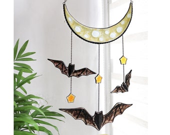 Dreamcatcher moon with bats and stars Stained glass bats Suncatcher bats Suncatcher moon  Stain glass decor Wall art Gothic home decor
