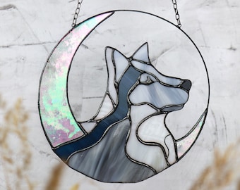 Stained glass Space Wolf and Moon Window glass Suncatcher Gothic Wall Decor for Home Art Gifts Halloween decor