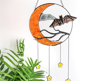 Dreamcatcher moon with bats and stars Stained glass Suncatcher bats Suncatcher moon Mystical decor Moon decor wall hanging