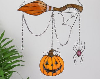 Dreamcatcher pumpkin witch's broom spider Stained glass Halloween decor Wall art decor Funny Halloween decor Custom Halloween decory