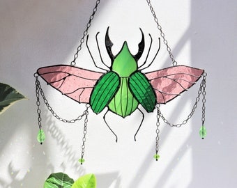 Stained glass suncatcher bug with crystal beads Stag beetle Wall and window decor Glass panel Home wall decor Mothers day gift