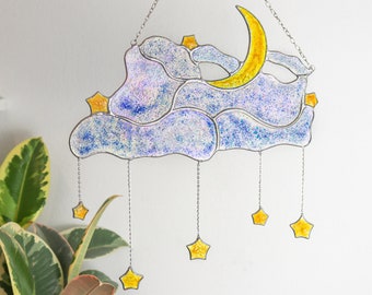 Dreamcatcher Mond und Wolke mit Sternen Wanddeko für Zuhause Buntglasfenster Suncatcher Mond Suncatcher Wolke