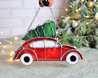 Stained glass car and Christmas tree decor Hand made glass decor Suncatchers Merry Christmas gift