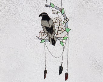 Dreamcatcher crow moon and rose Stained glass crow Moon decor Wall decor for room Hand made gift Halloween gift idea