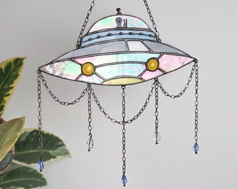 Dreamcatcher UFO Stained glass decor Suncatcher UFO Window panel Wall decor for a room UFO Art Cosmos art Unique decor