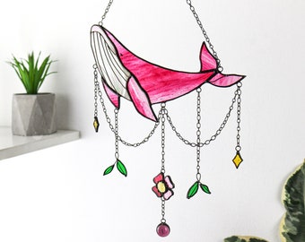 Dreamcatcher whale with stars and sakura Stained glass suncatcher pink whale Pink decor star whale Wall and window decor Whale birthday gift