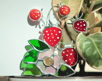 Stained glass Plant stake strawberry decor for flowers in a vase and in a garden Home decor Handmade author's gift Cottagecore glass decor