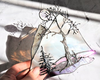 Glas-in-lood landschap bergen met maan en bos Suncatcher muur- en raamdecoratie