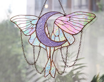 Butterfly stained glass Suncatcher crescent moon with butterfly Wall decor moon Home decor panel Moon phase wall hanging