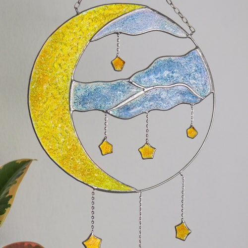 Dreamcatcher cresent moon with stars Stained glass moon suncatcher Wall decor for home Moon dreamcatcher handmade decor Blue and yellow