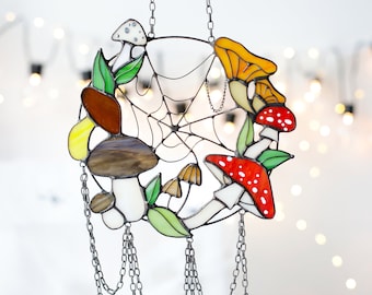 Suncatcher Mushrooms Stained glass window hangings Cottagecore decor Mushroom lover Best friend gift Glass art Garden decor Mushroom art