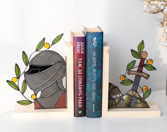 Stained glass Sword Knight Book nook  Unique bookends Home decoration Sun catcher Handmade Stained glass art Shelf decor