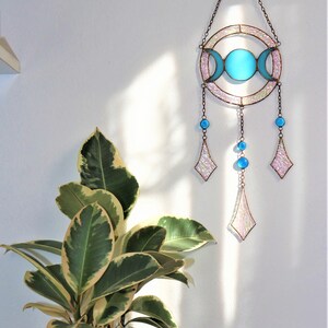 Dreamcatcher moon phases stained glass Suncatcher Wall decor for room Hand made gift Blue