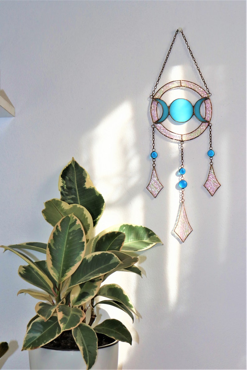 Dreamcatcher Mondphasen Glasmalerei Suncatcher Wanddekoration für Zimmer Handgemachtes Geschenk Blau