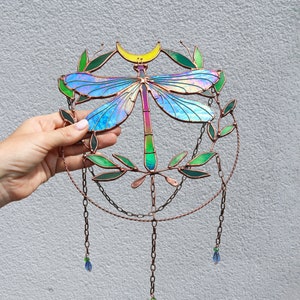 Suncatcher Dragonfly with moon and leaves Dreamcatcher Stained glass Window hangings Wall art decor Hand made Glass garden decor image 3