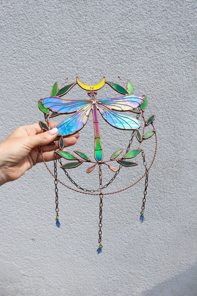 Suncatcher Dragonfly with moon and leaves Dreamcatcher Stained glass Window hangings Wall art decor Hand made Glass garden decor image 3