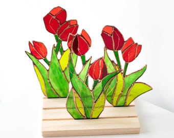Stained Glass Tulips Panel, Spring Floral Suncatcher, Handmade Glass Flower Art, Shelf or Table Decor