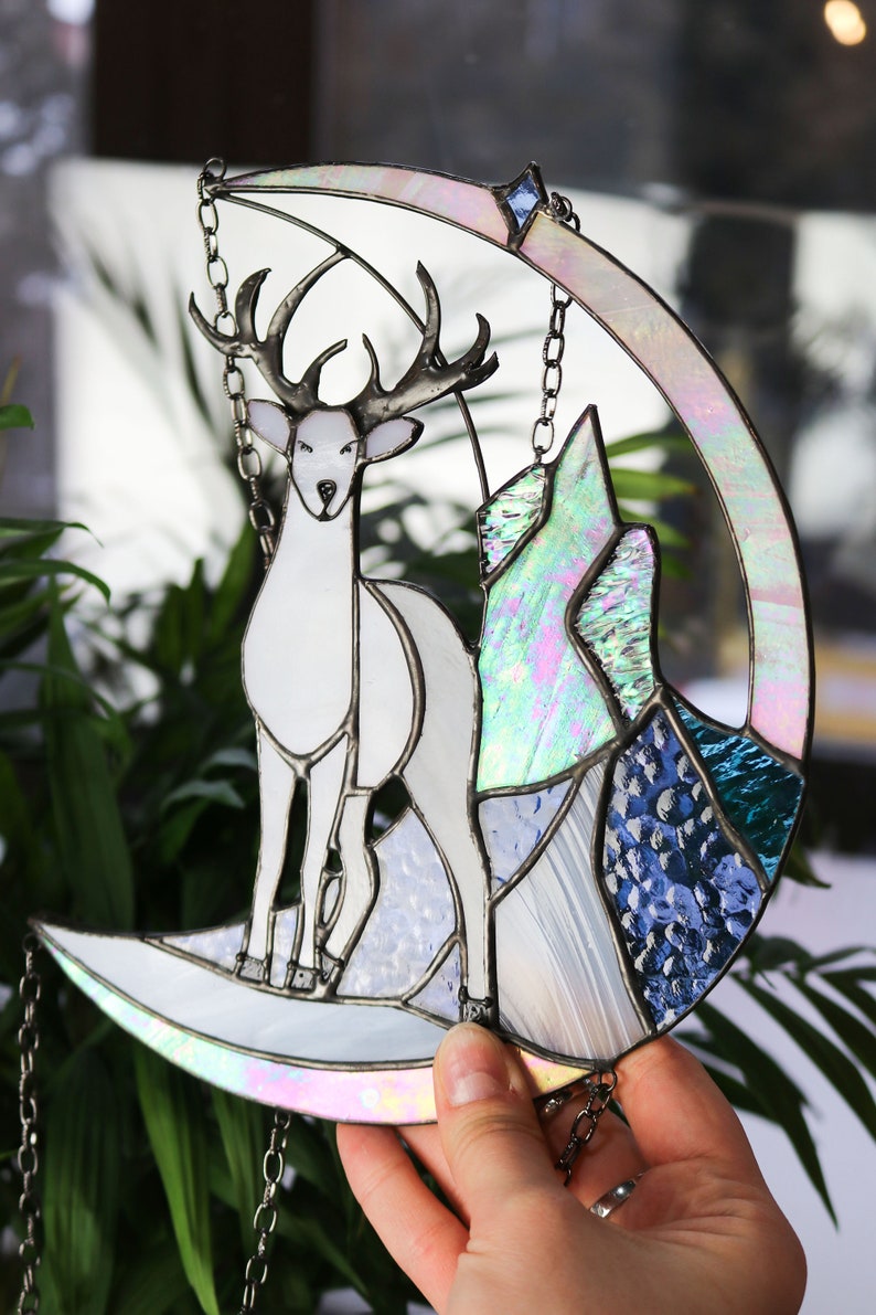 Suncatcher deer in mountains Dreamcatcher Stained glass panel Window Sun catcher animal Deer Christmas ornament Hanging wall Art image 2