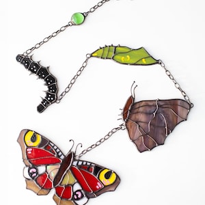 May include: Stained glass butterfly life cycle art piece. The piece includes a caterpillar, chrysalis, and two butterflies in shades of red, yellow, brown, and purple, connected by a chain. The art is set against a white background.