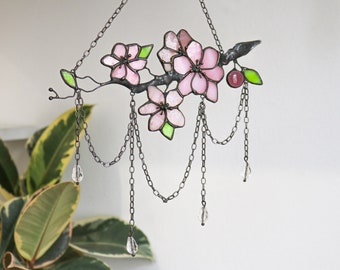 Suncatcher cherry blossom pink Stained glass art sakura Patio decor Gifts for friends wife mom Sun catcher Garden decor Glass flowers