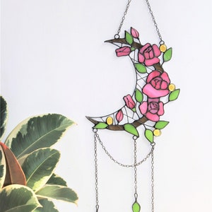 Dreamcatcher crescent moon with rose Stained glass rose Suncatcher rose Suncatcher moon Wall art decor for room Hand made gifts for her Pink