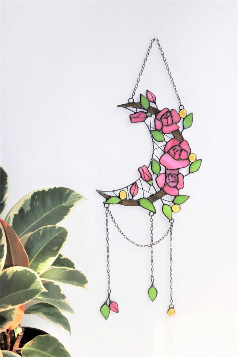 Dreamcatcher crescent moon with rose Stained glass rose Suncatcher rose Suncatcher moon Wall art decor for room Hand made gifts for her Pink