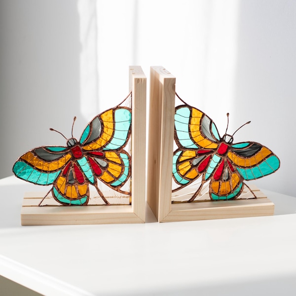 Butterfly bookends Stained glass Unique bookends Home decoration  Book ends Sun catcher Handmade Gifts for readers Bookshelf decor