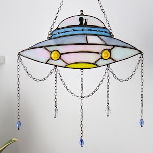 Dreamcatcher UFO Stained glass decor Suncatcher UFO Window panel Wall decor for a room UFO Art Cosmos art Unique decor image 4