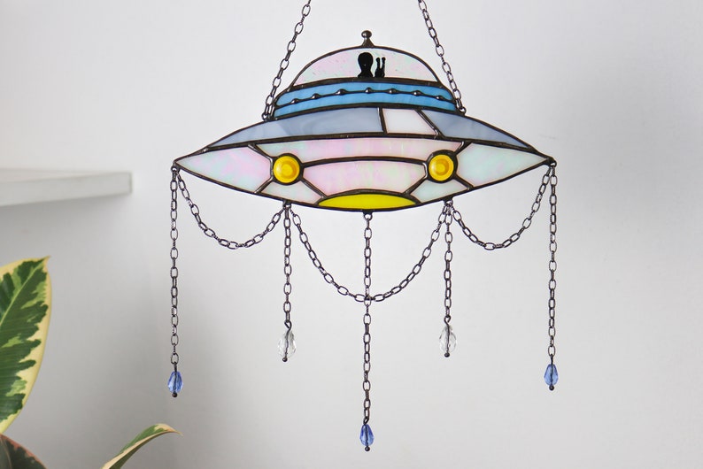 Dreamcatcher UFO Stained glass decor Suncatcher UFO Window panel Wall decor for a room UFO Art Cosmos art Unique decor image 4