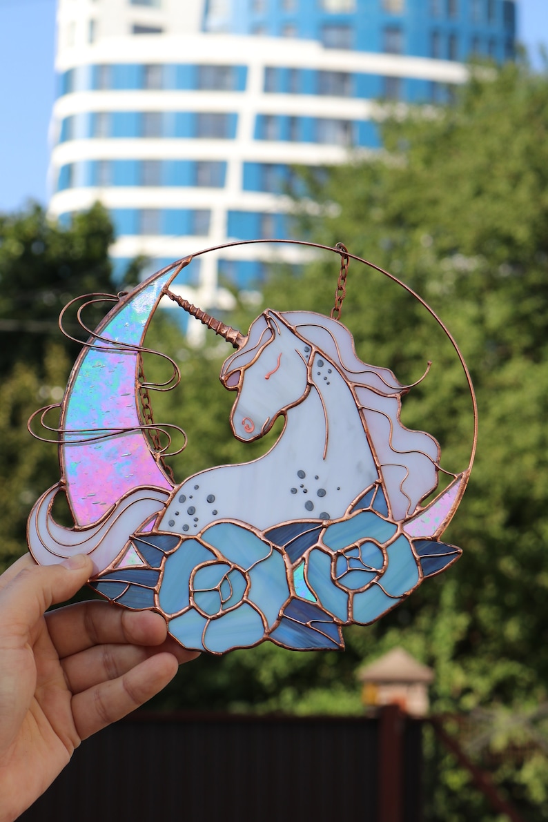 Suncatcher Unicorn Rose Moon Decor Stained glass Wall room decor Cute Home decor Window panel Flower decor Birthday gift idea Pink