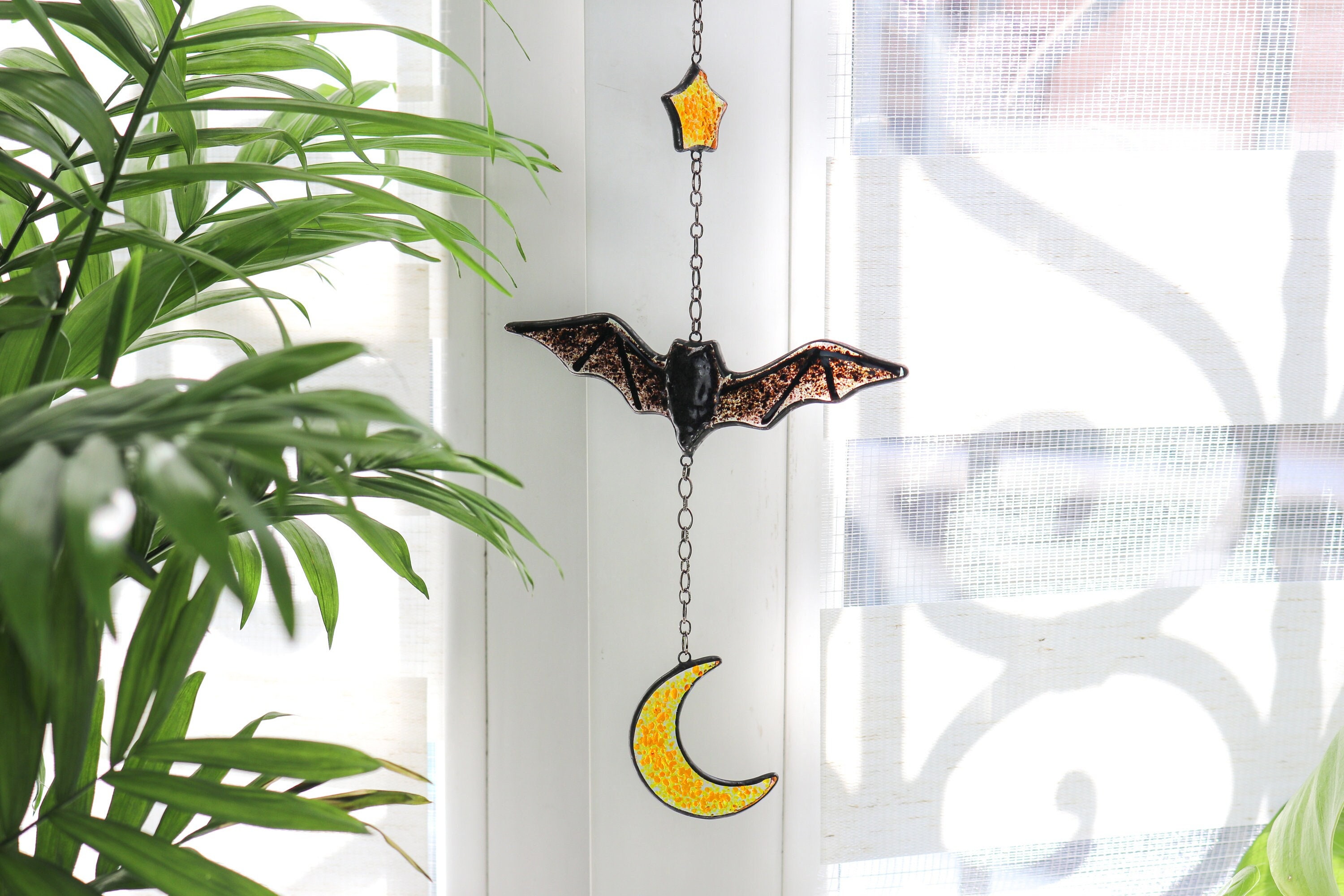 Moonlight Window Bat Suncatcher Bats With Moon and Star Hallowen Decor Stained Glass Bats ...