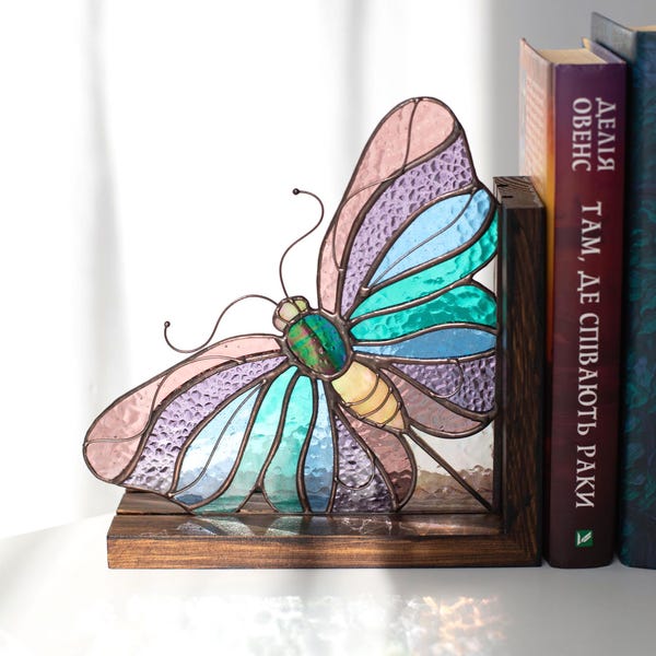 Butterfly Bookends Stained glass Book ends Bookshelf decor Book nook Sun catcher Handmade Gifts for readers Mothers day gift Bookend