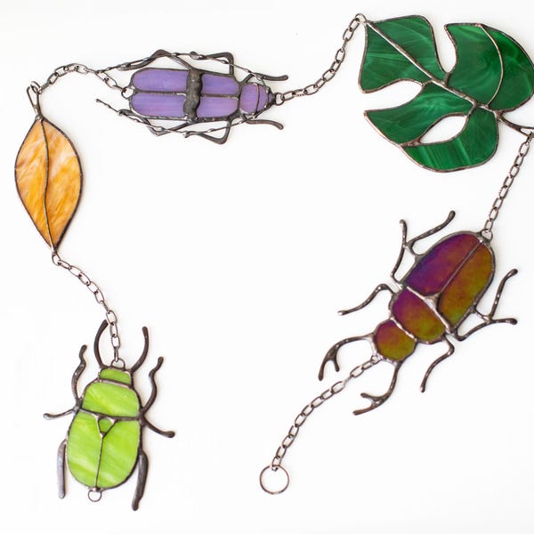 Stained glass window hangings Beetle Bugs Leaf Monstera Sun catcher Sun catchers Outdoor decor Handmade gift Glass art Unique home decor