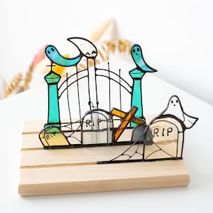Stained Glass Ghosts Tombstones Spooky gate Halloween decor Stained glass art Gifts for friends Shelf decor Gothic decor Gothic home decor