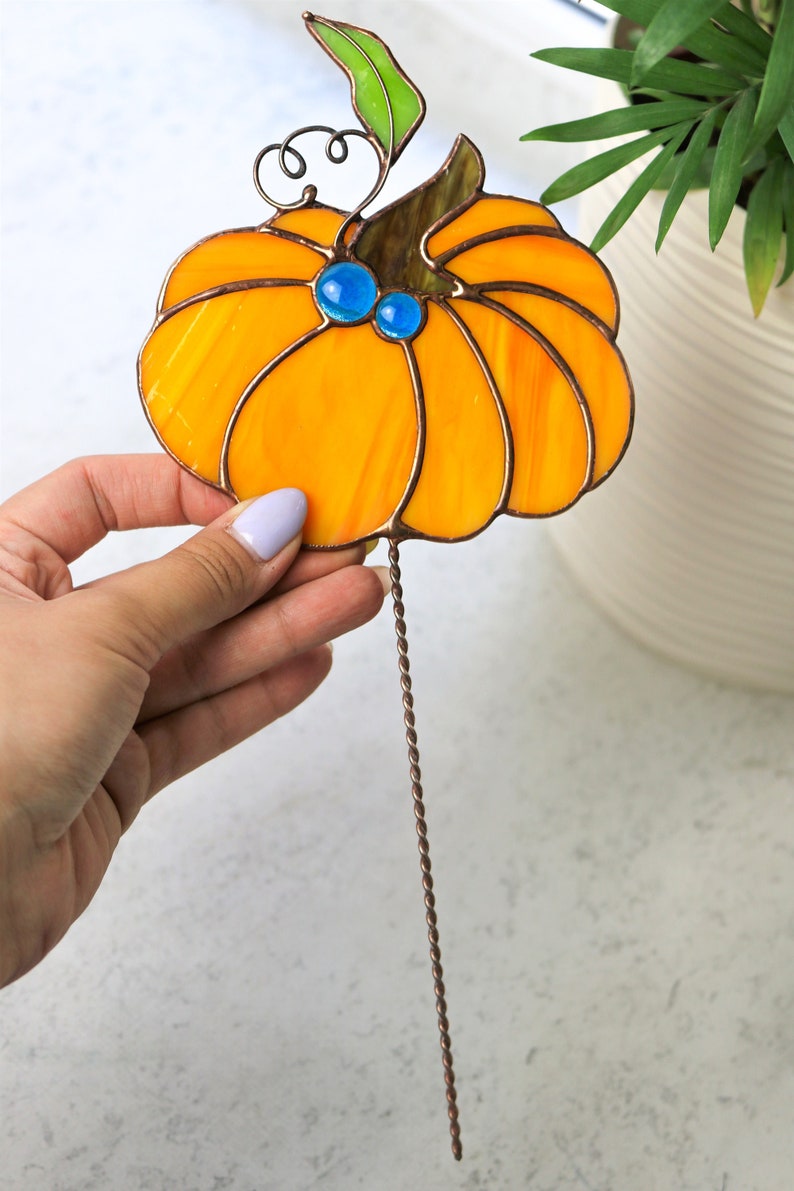 Plant stale Orange pumpkin Stained glass Suncatcher for garden Decor for flowerpot Garden Halloween decor Gifts for gardeners image 5