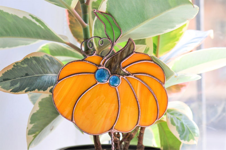 Plant stale Orange pumpkin Stained glass Suncatcher for garden Decor for flowerpot Garden Halloween decor Gifts for gardeners image 4