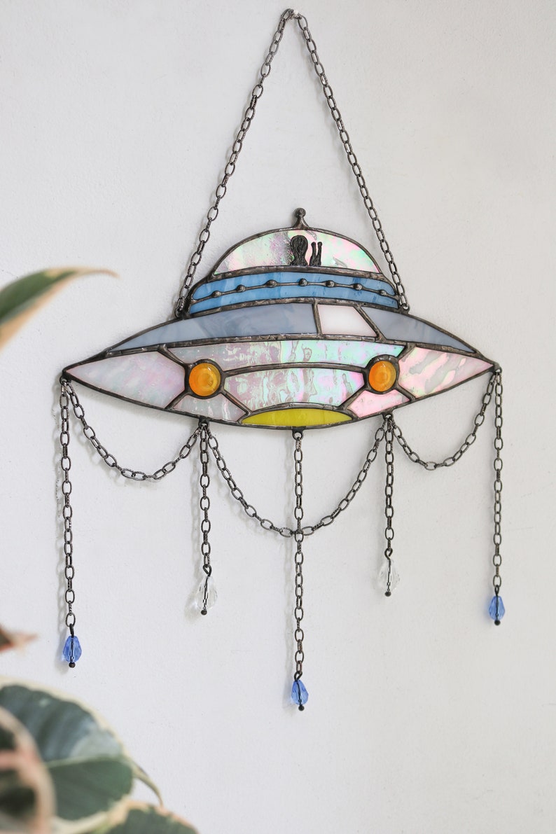 Dreamcatcher UFO Stained glass decor Suncatcher UFO Window panel Wall decor for a room UFO Art Cosmos art Unique decor White