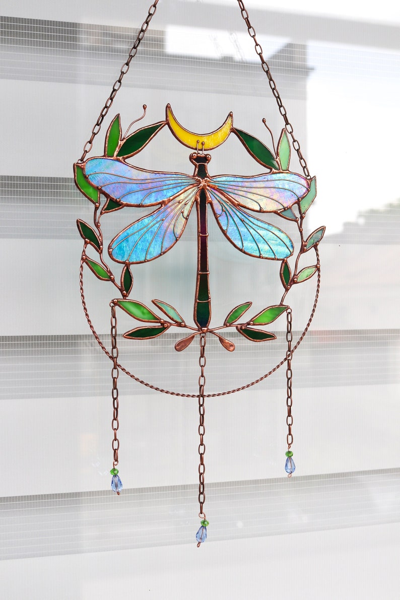 Suncatcher Dragonfly with moon and leaves Dreamcatcher Stained glass Window hangings Wall art decor Hand made Glass garden decor image 1