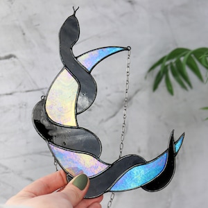 Suncatcher moon and snake stained glass Blue moon Snake suncatcher Mystical decor Crescent moon Wall art decor Iridescent glass decor