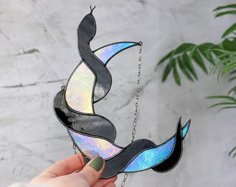 Suncatcher moon and snake stained glass Blue moon Snake suncatcher Mystical decor Crescent moon Wall art decor Iridescent glass decor