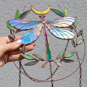 Suncatcher Dragonfly with moon and leaves Dreamcatcher Stained glass Window hangings Wall art decor Hand made Glass garden decor image 5