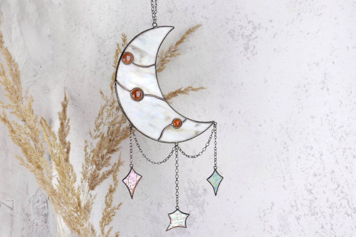 Stained Glass Moon Suncatcher With Stars Dreamcatcher Moon Etsy